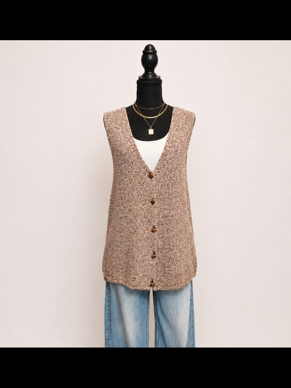 Textured Brown Button-Front Knit Vest